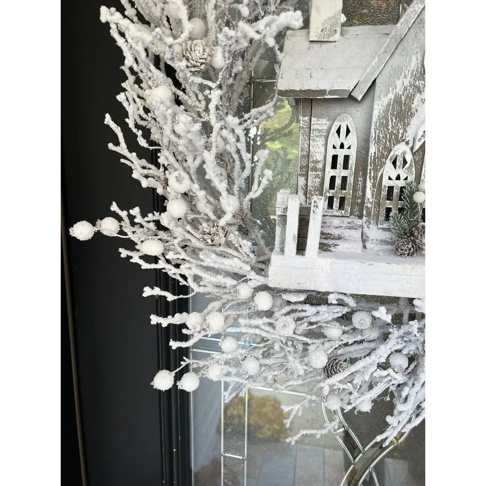 Winter Snow Twig Wreath With Lighted Wooden Church